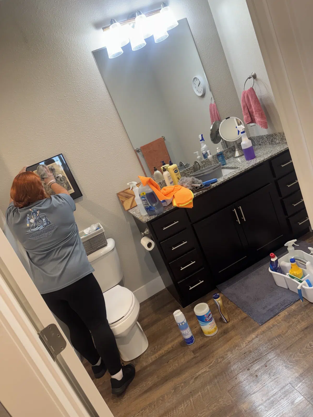 Cleaner dusting a framed picture in a cluttered bathroom — Leskuin Cleaning LLC in Springfield